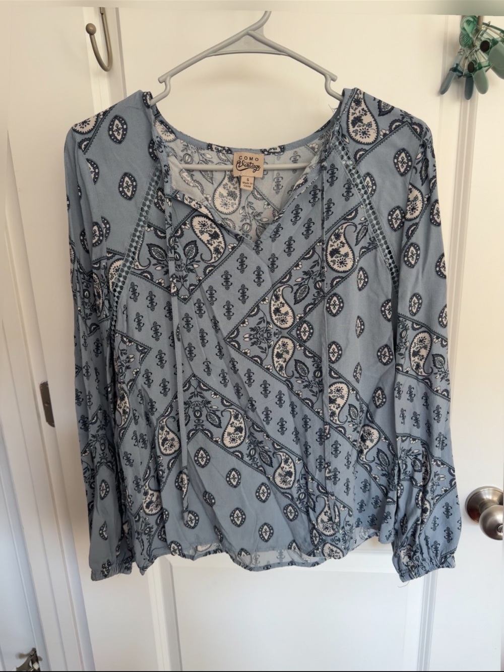 Como Vintage Pale Blue Paisley V-Neck Blouse